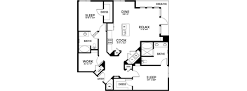 A floor plan of a house with labeled rooms such as "BREATHE", "DINE", "RELAX", "COOK", "BATHE", "WORK", and "SLEEP".