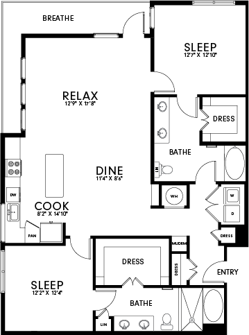 A floor plan of a house with labeled rooms such as "SLEEP", "RELAX", "DINE", and "COOK".