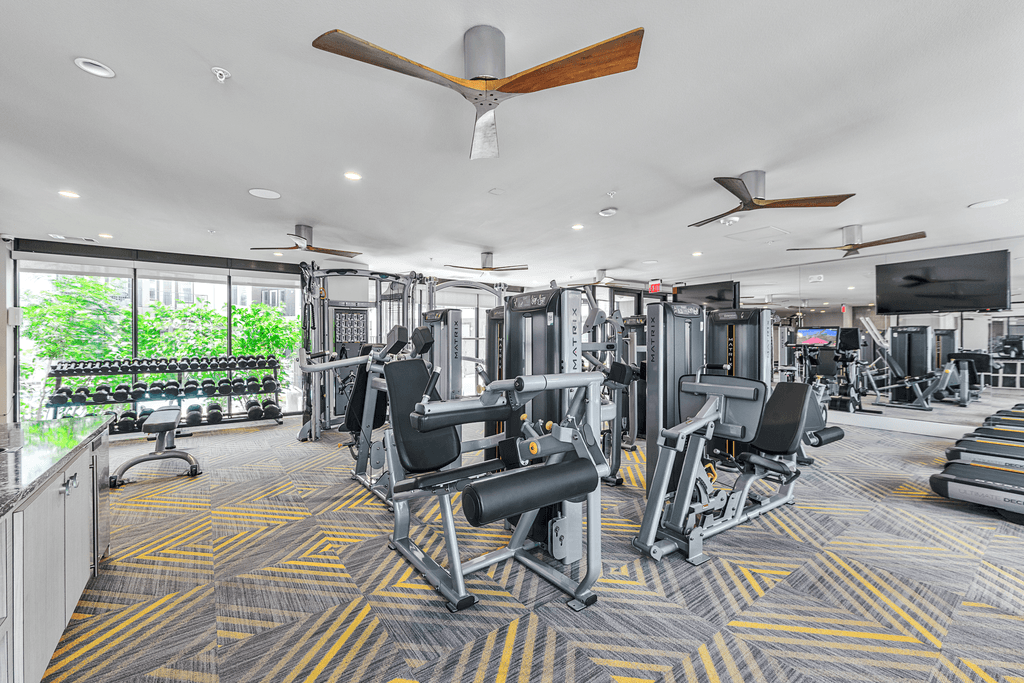 A gym with a variety of equipment including treadmills, weights, and exercise machines.