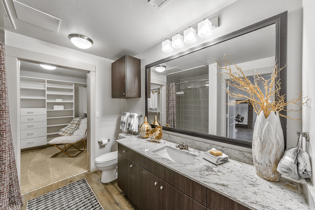 A bathroom with a marble countertop and a large mirror.