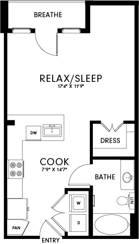 A floor plan of a small apartment with a sleeping area, kitchen, bathroom, and a dressing area.