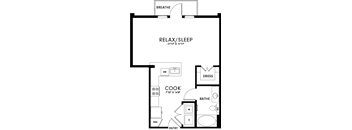 A floor plan of a relax/sleep area with a cooking area and a dress area.