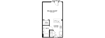 A floor plan of a Juliet balcony with a relax/sleep area, dressing area, bathroom, and kitchen.