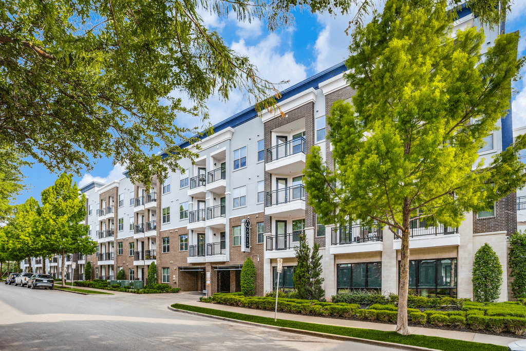 A tree in front of a building with a blue sky in the background.
