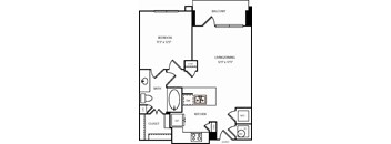 A black and white image of a house floor plan with a balcony, bedroom, living/dining area, bathroom, kitchen, closet, coat area, and entry.
