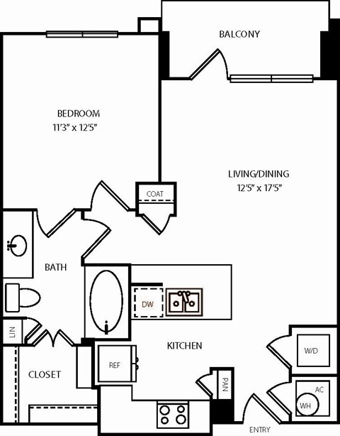A black and white image of a house floor plan with a balcony, bedroom, living/dining area, bathroom, kitchen, closet, coat area, and entry.