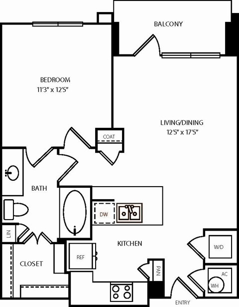 A black and white image of a house floor plan with a balcony, bedroom, living/dining area, bathroom, kitchen, and closet.
