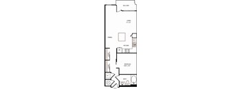 A black and white floor plan of an apartment with a living room, dining room, kitchen, bedroom, and bathroom.
