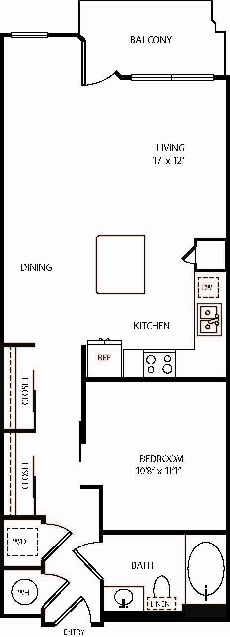 A black and white floor plan of an apartment with a living room, dining room, kitchen, bedroom, and bathroom.