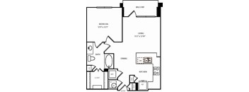 A black and white floor plan of a home with a balcony, bedroom, living room, dining room, kitchen, bath, closet, and pantry.