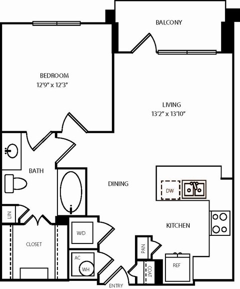 A black and white floor plan of a home with a balcony, bedroom, living room, dining room, kitchen, bath, closet, and pantry.