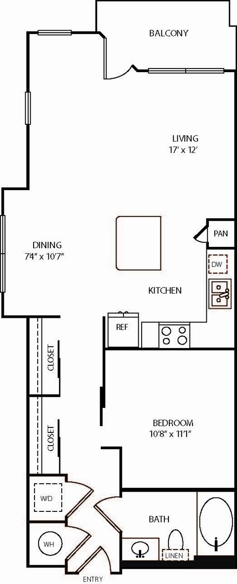 A floor plan of a house with a balcony, living room, dining room, kitchen, bathroom, and bedroom.