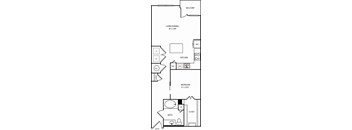 A floor plan of a house with a living room, kitchen, bedroom, and bathroom.