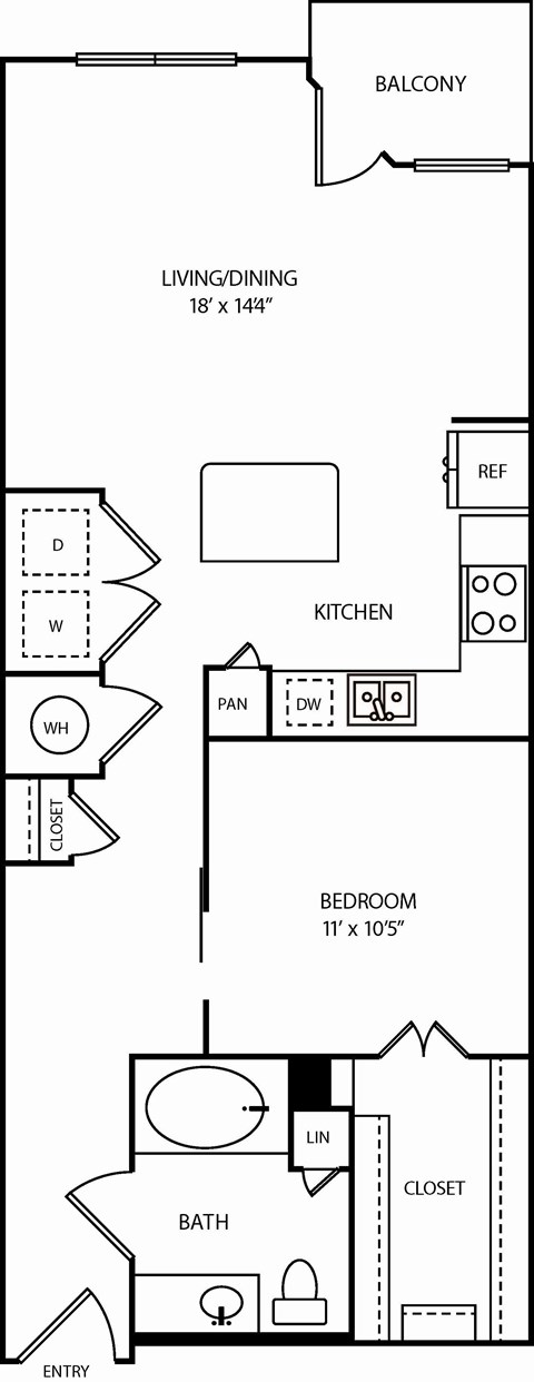 A floor plan of a house with a living room, kitchen, bedroom, and bathroom.