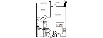 A black and white image of a floor plan for a home with a balcony, bedroom, living/dining area, bathroom, kitchen, and entry.