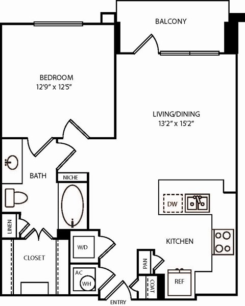A black and white image of a floor plan for a home with a balcony, bedroom, living/dining area, bathroom, kitchen, and entry.