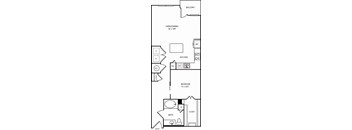 A black and white floor plan of a house with a living room, kitchen, and bedroom.