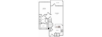A floor plan of a home with a bedroom, bathroom, living/dining area, kitchen, and closet.