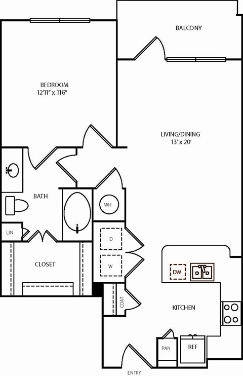 A floor plan of a home with a bedroom, bathroom, living/dining area, kitchen, and closet.