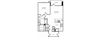 A floor plan of a home with a bedroom, living/dining area, kitchen, bath, and closet.