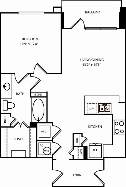A floor plan of a home with a bedroom, living/dining area, kitchen, bath, and closet.