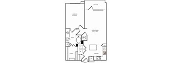A floor plan of a home with a balcony, bedroom, living/dining area, bathroom, kitchen, and closet.
