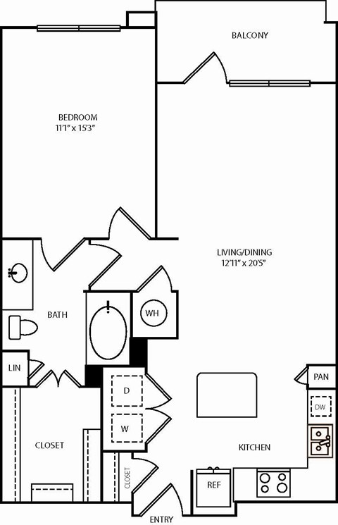 A floor plan of a home with a balcony, bedroom, living/dining area, bathroom, kitchen, and closet.
