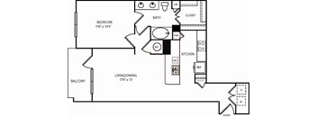 A floor plan of a home with a living area, dining area, kitchen, bathroom and bedroom.