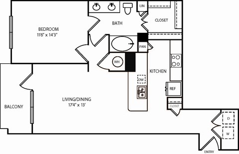 A floor plan of a home with a living area, dining area, kitchen, bathroom and bedroom.