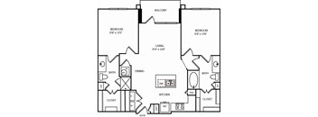 A black and white image of a floor plan for a two bedroom apartment.