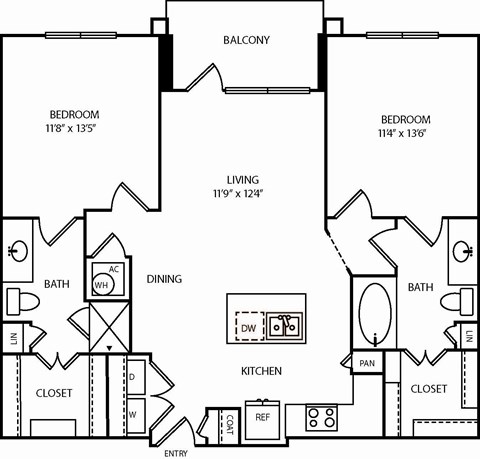 A black and white image of a floor plan for a two bedroom apartment.