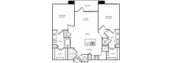 A black and white image of a floor plan for a two bedroom apartment.