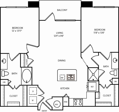 A black and white image of a floor plan for a two bedroom apartment.