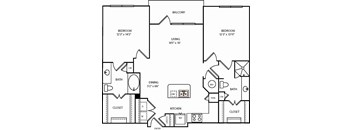 A black and white image of a floor plan for a two-bedroom apartment.
