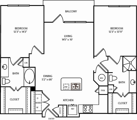 A black and white image of a floor plan for a two-bedroom apartment.