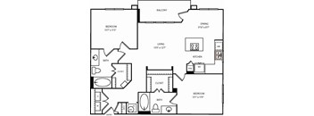 A black and white image of a floor plan for a two bedroom apartment.