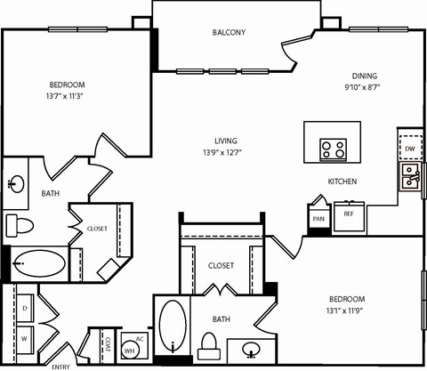 A black and white image of a floor plan for a two bedroom apartment.