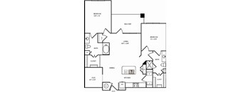 A black and white floor plan of a home with two bedrooms, a living room, a dining room, a kitchen, a bathroom, and an entry.