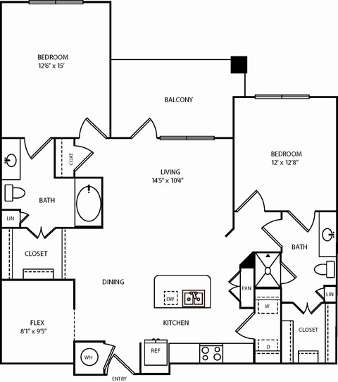 A black and white floor plan of a home with two bedrooms, a living room, a dining room, a kitchen, a bathroom, and an entry.