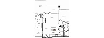 A black and white floor plan of a house with a bedroom, a living room, a kitchen, a dining room, a bathroom, and a balcony.