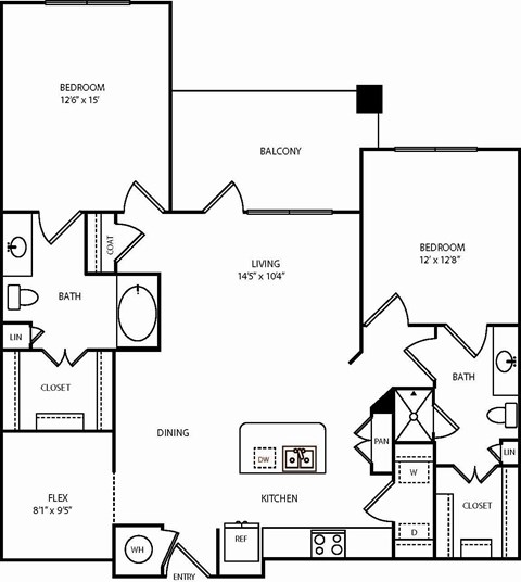 A black and white floor plan of a house with a bedroom, a living room, a kitchen, a dining room, a bathroom, and a balcony.