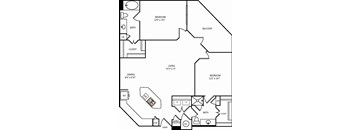 A black and white image of a house floor plan with a living room, dining room, two bedrooms, a bathroom, a linen closet, a pantry, and an entry way.