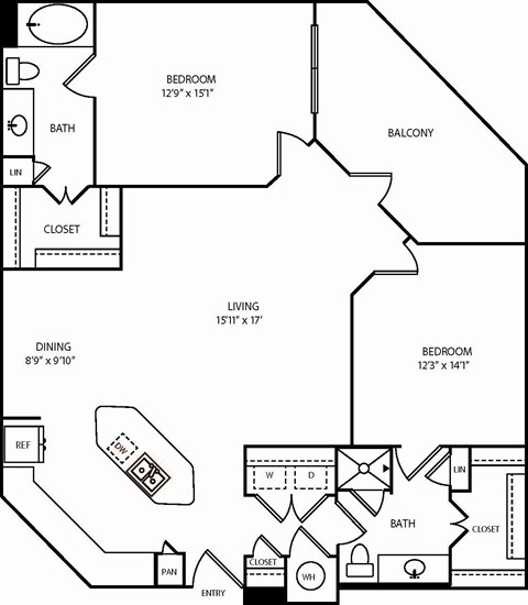 A black and white image of a house floor plan with a living room, dining room, two bedrooms, a bathroom, a linen closet, a pantry, and an entry way.