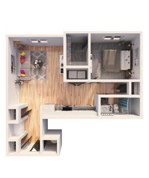 a furnished apartment with a kitchen and living room