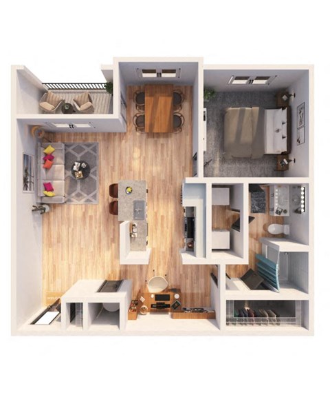 a furnished apartment with a bedroom and living room