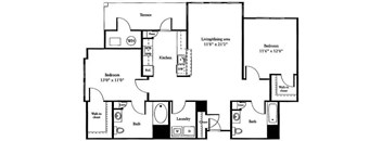 A black and white floor plan of a house with a terrace, living/dining area, kitchen, laundry, bathrooms, and bedrooms.