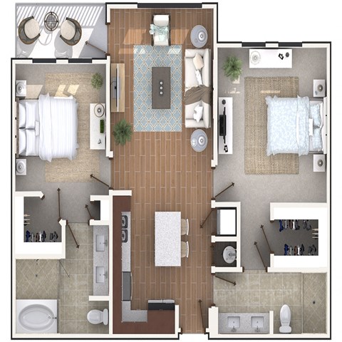 2 Bedroom 2 Bath architecture drawing of B2B floor plan