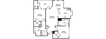 A black and white floor plan of a house with a dining room, kitchen, living room, and two bedrooms.