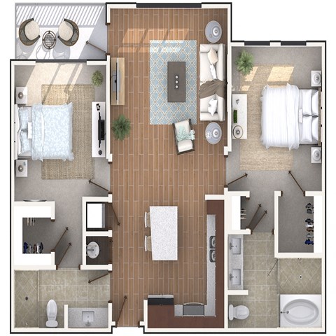 2 Bedroom 2 Bath architecture drawing of B2C floor plan