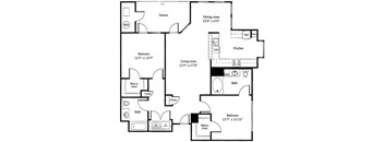 A black and white image of a floor plan for a house with a terrace, two bedrooms, a living room, a kitchen, a bath, a walk-in closet, a linen closet, and a reference room.